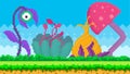 Pixel-game interface abstract layout design. Fantasy glade with pixel alien plants on green grass Royalty Free Stock Photo