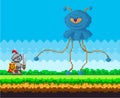 Pixel Game Interface Design. Evil Blue Monster With One Eye Hits Knight In Armor With Steel Sword