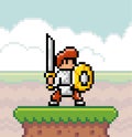 Pixel game character, hero, personage, knight wearing armor, with sword and shield at grass standing