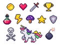 Pixel game items. Retro 8 bit games art, pixelated heart and star icon. Gaming pixels icons vector set Royalty Free Stock Photo