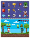 Pixel Game Elements and Icons, Landscape with Hero