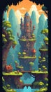 Pixel game level design. Platform game asset, fantasy 8 bit environtmen