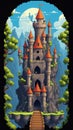 Pixel game level design. Platform game asset, fantasy 8 bit environment. Medieval castle
