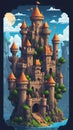 Pixel game level design. Platform game asset, fantasy 8 bit environment. Medieval castle
