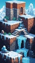 Pixel game level design. Platform game asset, brick, stones building 8 bit environment. Ice theme