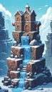 Pixel game level design. Platform game asset, brick, stones building 8 bit environment. Ice theme
