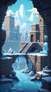 Pixel game level design. Platform game asset, brick, stones building 8 bit environment. Ice theme
