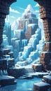 Pixel game level design. Platform game asset, brick, stones building 8 bit environment. Ice theme