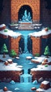 Pixel game level design. Platform game asset, brick, stones building 8 bit environment. Ice theme