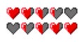 Pixel game life bar. Pixel art 8-bit health heart bar. Damage level. Red hearts. Heart icon design element. Pixel game design.