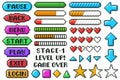 Pixel game menu buttons. Game 8 bit ui controller arrows, level and live bars, menu, stop, play buttons vector