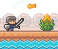 Pixel game personage, knight with sword and shield near water, look at key, bonus element, 2d