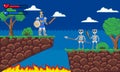 Pixel game. Platform 8-bit video gaming screen with gameplay skeleton enemies and knight player. Arcade adventure