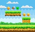 Pixel-game scene with grass, ground platforms and awards for player golden coins, meat bone and leaf