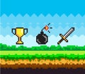 Pixel game scene with green grass and valuable awards bomb with wick, gold goblet and steel sword