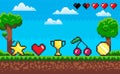 Pixel Game Scene with Icons, Cherry and Star Coin