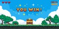 Pixel game win screen. Retro 8 bit video game interface with You Win text, computer game level up background. Vector