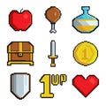 Pixel games icons. Various stylized symbols for video games