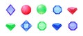Pixel gemstone set. Vibrant jewels retro-style pixel diamond ruby design sapphire.