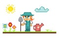 Pixel girl farmer, garden and flowers for game