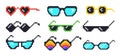 Pixel glasses. Cartoon 8 bit sunglasses, thug life mafia meme prank funny black hipster eyeglasses for gangster rapper Royalty Free Stock Photo