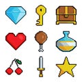 Pixel graphic game objects. 8 bit style pictures for various games