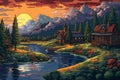 pixel graphics of an 8-bit landscape village. Royalty Free Stock Photo