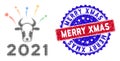 Pixel Halftone 2021 bull fireworks Icon and Bicolor Merry Xmas Scratched Stamp