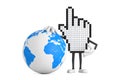 Pixel Hand Cursor Mascot Person Character with Earth Globe. 3d Rendering Royalty Free Stock Photo