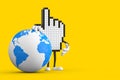 Pixel Hand Cursor Mascot Person Character with Earth Globe. 3d Rendering Royalty Free Stock Photo