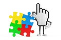 Pixel Hand Cursor Mascot Person Character with Four Pieces of Colorful Jigsaw Puzzle. 3d Rendering Royalty Free Stock Photo