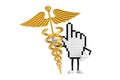 Pixel Hand Cursor Mascot Person Character with Golden Medical Caduceus Symbol. 3d Rendering