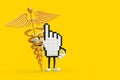 Pixel Hand Cursor Mascot Person Character with Golden Medical Caduceus Symbol. 3d Rendering