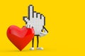 Pixel Hand Cursor Mascot Person Character with Red Heart. 3d Rendering
