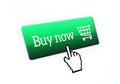 Pixel hand cursor point and push a buy now button.