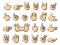 Pixel hands. Retro 8 bit game finger gestures, arcade computer web 90s technology icons, 2D sprite rock n roll rockabilly rock