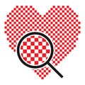 Pixel heart with magnifying glass flat vector icon for apps and website