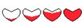 Pixel hearts set. 8 bit video game life or heart bar. Heart filling with love concept for Valentines day. Romantic pixel