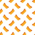 Pixel hot dog seamless pattern. 8 bit hot dog on white background. Fast food in pixel art style