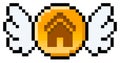 Pixel housing coin with wings - vector, isolated