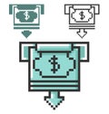 Pixel icon of ATM cash withdrawal in three variants