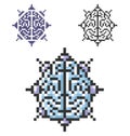 Pixel icon of brain as central processing unit in three variants
