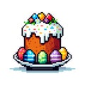 pixel icon with Easter cake on a large plate, around it are multi-colored painted eggs on a white background, Easter holiday Royalty Free Stock Photo