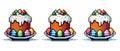 pixel icon with Easter cake on a large plate, around it are multi-colored painted eggs on a white background, Easter holiday Royalty Free Stock Photo