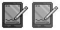 Pixel icon. Electronic pen digitally signs tablet screen. Using digital signatures for electronic documents. Simple retro game