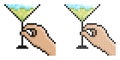 Pixel icon. Female hand holding glass with martini. Cocktails, alcoholic drinks, for menu of cafe. Simple retro game vector Royalty Free Stock Photo