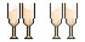 Pixel icon. Glasses with festive sparkling champagne. Cheers with glasses at New Year table. Simple retro game vector isolated on