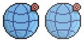 Pixel icon. Globe with checkpoint mark. Navigation on map using GPS system. Simple retro game vector isolated on white background