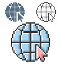 Pixel icon of globe with pointer arrow go to web in three variants Royalty Free Stock Photo