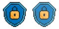 Pixel icon. Locked padlock on background of shield. Reliable secure storage of information and property. Simple retro game vector